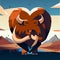 Vector cartoon illustration of a strong angry bison in the desert. AI generated