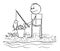 Vector Cartoon Illustration of Successful Fisherman or Man With Rod Fishing Fish on the River or Lake Bank