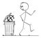 Vector Cartoon Illustration of Surprised Man or Businessman Walking Around Garbage Can or Dustbin Full of Dollar