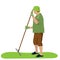 Vector cartoon illustration theme of gardening. A woman stands in a green clearing with a rake, concept of agricultural summer
