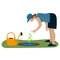 Vector cartoon illustration  theme of gardening. A woman watered a plant and threatens with a finger, a yellow watering can stands