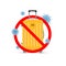 Vector cartoon illustration of travel cancellation, forbidden sign on travel bag, coronavirus COVID-19 icons.