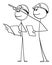 Vector Cartoon Illustration of Two Construction Industry Workers or Engineers in Helmets Studying Plans and Pointing at