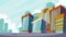 Vector cartoon illustration of an urban landscape with large modern buildings.