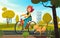 Vector cartoon illustration of young redhead woman riding bicycle in a park or countryside and a dog runs near her