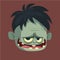 Vector cartoon image of a funny gray zombie with big head frightening someone on a dark background
