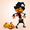 Vector cartoon image of Jack O` Lantern with orange pumpkin head, in a dark coat and witch hat standing