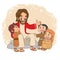 A vector cartoon of Jesus talking to children happily.