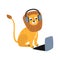 Vector cartoon lion sitting behind laptop