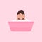 Vector cartoon little baby bathes in a small bath