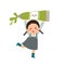 Vector cartoon little student girl carrying big paint tube. Back to school concept