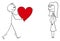 Vector Cartoon of Man or Boy in Love Giving Big Romantic Red Heart to Woman or Girl