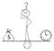 Vector Cartoon of Man or Businessman Between Clock and Bag of Dollars Balancing on Seesaw Time and Money