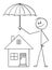 Vector Cartoon of Man, Businessman or Insurance Agent Holding Umbrella Protecting Family House