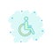 Vector cartoon man in wheelchair icon in comic style. Handicapped invalid sign illustration pictogram. People business splash eff