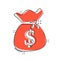 Vector cartoon money bag icon in comic style. Moneybag with dollar illustration pictogram. Money cash sack splash effect concept