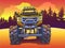 Vector Cartoon Monster Truck on the evening landscape in Pop Art style. Extreme Sports.