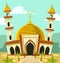 Vector cartoon mosque building with gold dome and tower