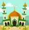 Vector cartoon mosque building illustration gold dome palm tree middle east scenery