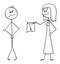 Vector Cartoon of Naked Man and Woman Giving Him Shorts or Boxers to Cover or Dress Yourself