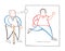 Vector cartoon old man walking with wooden walking stick and dreaming or thinking his youth and running with thought bubble