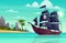 Vector cartoon pirate ship in bay, island