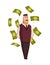 Vector cartoon rich people. Happy super rich successful businessman with huge green money bills pile. Very rich man