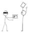 Vector Cartoon of Robber with Virtual Gun as Image on Tablet or Phone Mugging a Man with Hands Up