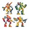 Vector cartoon robot guards, futuristic battle androids