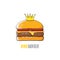 Vector cartoon royal king burger with cheese and golden crown icon isolated on white background.