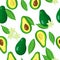 Vector cartoon seamless pattern with Avocado exotic fruits, flowers and leafs on white background