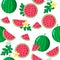 Vector cartoon seamless pattern with Citrullus lanatus or Watermelon exotic fruits, flowers and leaf on white background