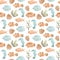 Vector cartoon seamless pattern. Cute colorful fish of different shapes and sizes, seahorse, shells and algae