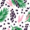 Vector cartoon seamless pattern with Euterpe oleracea or Acai palm exotic fruits, flowers and leafs on white background