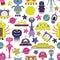 The vector cartoon seamless pattern with flat aliens, spaceships, planets, satellites and cosmonaut.