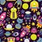 The vector cartoon seamless pattern with flat aliens, spaceships, planets, satellites and cosmonaut.