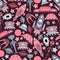 The vector cartoon seamless pattern with flat aliens, spaceships, planets, satellites and cosmonaut.