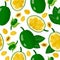 Vector cartoon seamless pattern with Jackfruit exotic fruits, flowers and leafs on white background