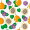 Vector cartoon seamless pattern with sweet granadilla exotic fruits, flowers and leafs on white background