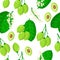 Vector cartoon seamless pattern with Terminalia or Kakadu plum exotic fruits, flowers and leafs on white background