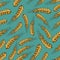 Vector cartoon seamless pattern of wheat,barley cereals, grains. Isolated on blue background.