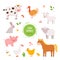 Vector cartoon set of farm baby animals isolated on white background. Cute and happy hand drawn cow, turkey bird, goat, sheep,