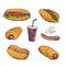 Vector cartoon set of fast food. Hot dog, sausage in dough, grill, soda. Isolated on white.