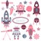 The vector cartoon set with flat spaceships, planets, satellites