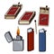 Vector Cartoon Set of Matches, Matchboxes and Lighters.