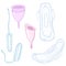 Vector Cartoon Set of Tampons, Menstrual Cups and Sanitary Towels and other Intimate Hygiene Items