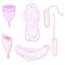 Vector Cartoon Set of Tampons, Menstrual Cups and Sanitary Towels and other Intimate Hygiene Items