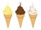 Vector cartoon set of three ice cream cones - vanilla, chocolate and cream with strawberry