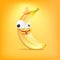 Vector cartoon silly banana fruit with crown character isolated on orange background. Crazy yellow king banana with