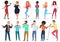 Vector cartoon singers with microphones and musicians set isolated. People singing karaoke songs.